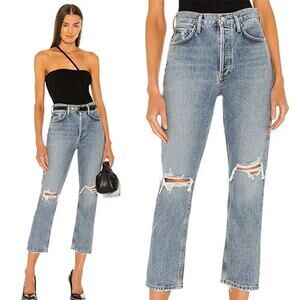 NWT Agolde Riley High Rise Straight Crop Distressed Denim Jeans in Escalate
